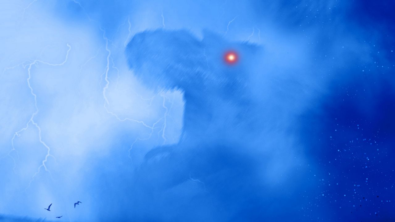 Обои динозавр, монстр, силуэт, арт, туман, молнии