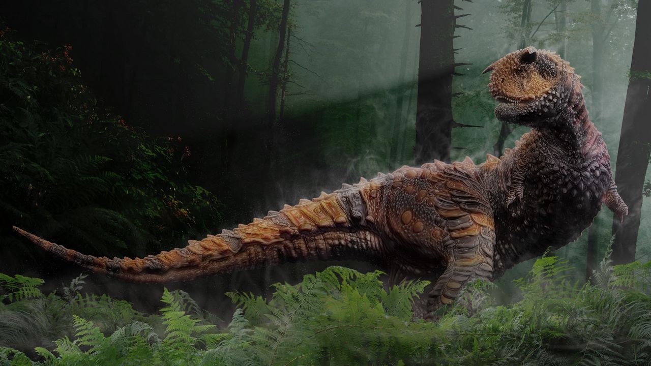 Обои динозавр, трава, деревья, пресмыкающиеся, мезозойская эра
