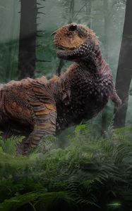 Превью обои динозавр, трава, деревья, пресмыкающиеся, мезозойская эра