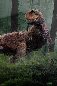 Превью обои динозавр, трава, деревья, пресмыкающиеся, мезозойская эра