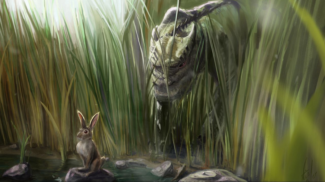 Обои динозавр, заяц, трава, арт, камни