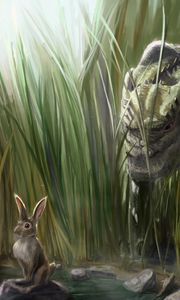 Превью обои динозавр, заяц, трава, арт, камни