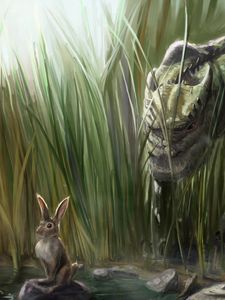 Превью обои динозавр, заяц, трава, арт, камни