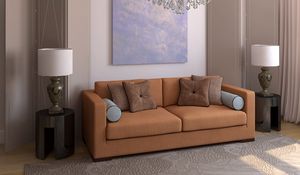 Превью обои диван, дизайн, интерьер, квартира, комната, коричневый, лампы, подушки, простор, стиль, уют