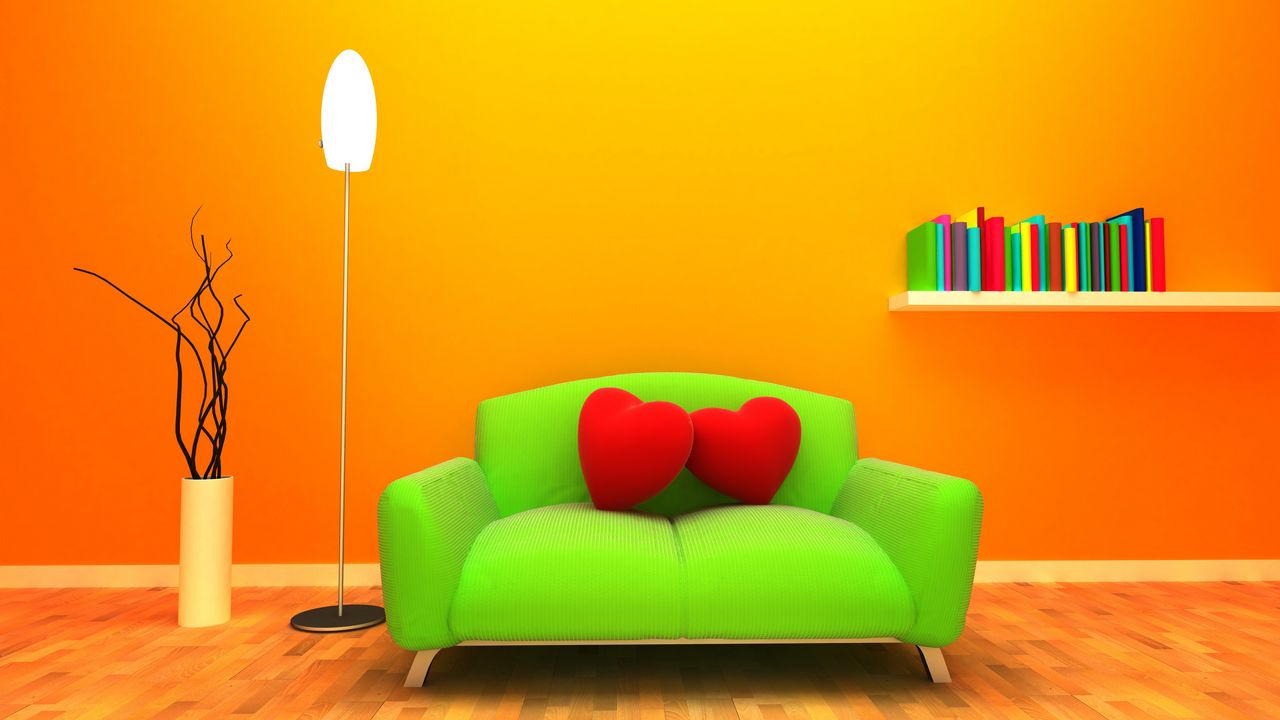 Обои диван, сердца, комната, 3d графика, оранжевый фон