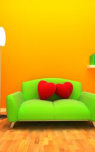 Превью обои диван, сердца, комната, 3d графика, оранжевый фон