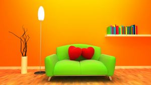 Превью обои диван, сердца, комната, 3d графика, оранжевый фон