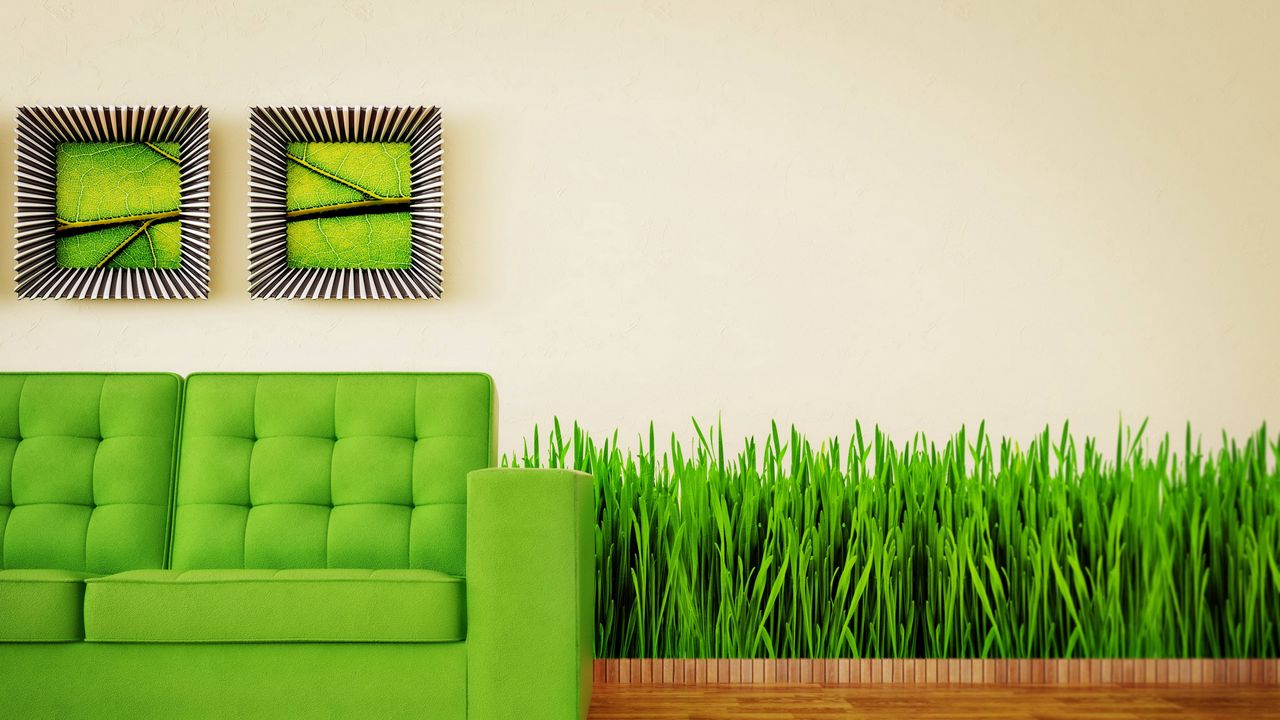 Обои диван, трава, интерьер, зелень, картины