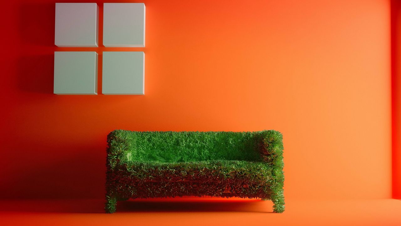 Обои диван, трава, комната, оранжевый фон