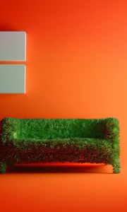 Превью обои диван, трава, комната, оранжевый фон