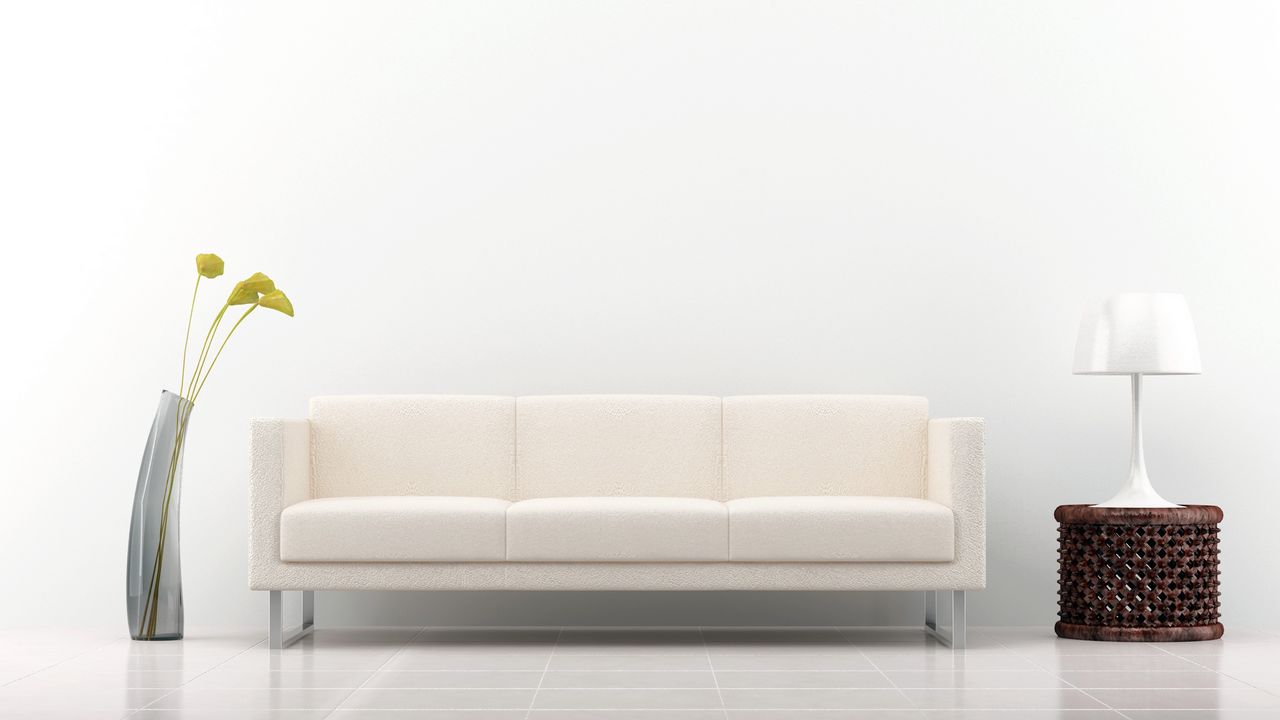 Обои диван, украшение, интерьер, ваза, лампа, белый фон