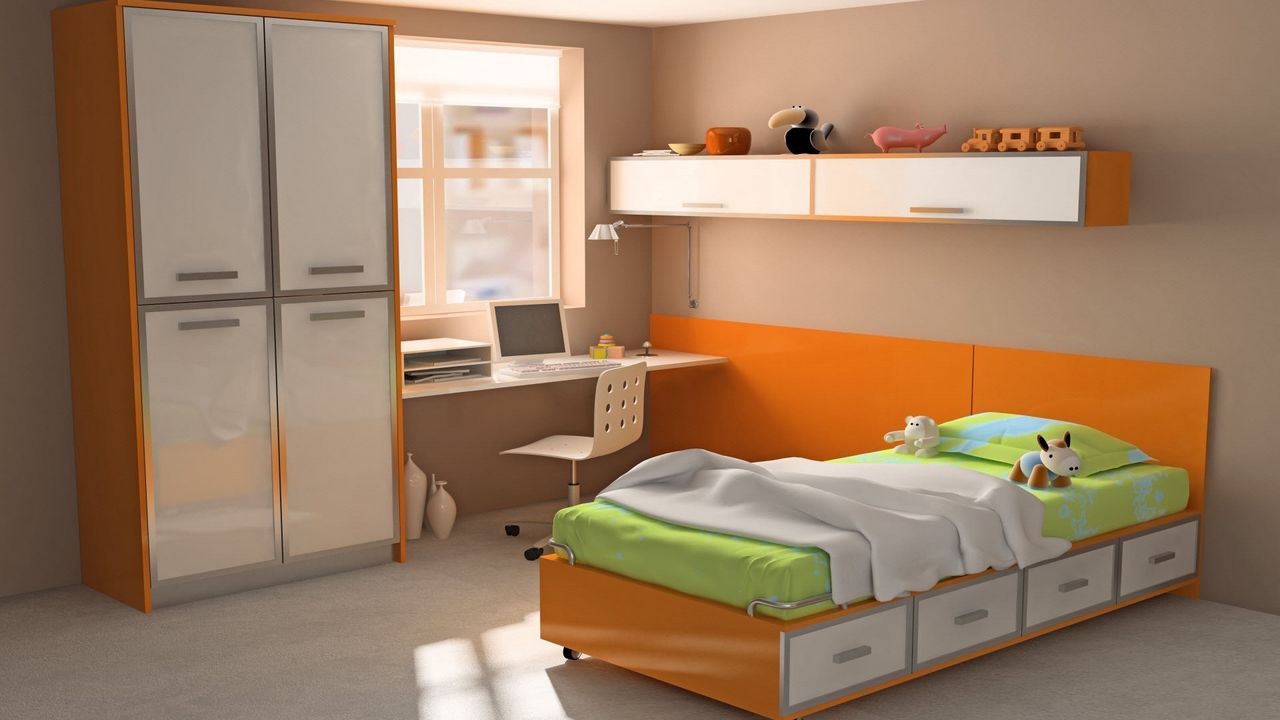 Обои дизайн, игрушки, интерьер, квартира, комната, компьютер, красочно, кровать, оранжевый, стиль, стол, шкаф, ярко