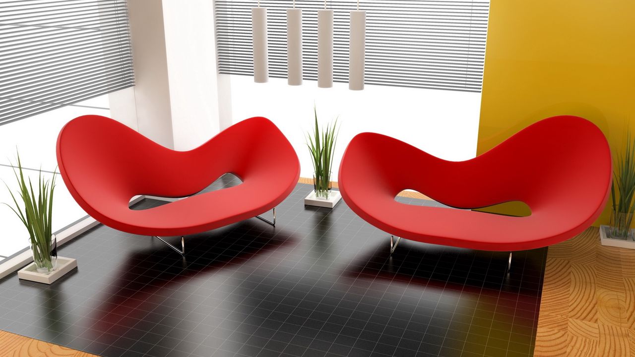 Обои дизайн, интерьер, квартира, комната, красное, кресло, растения, стиль, формы