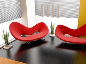 Превью обои дизайн, интерьер, квартира, комната, красное, кресло, растения, стиль, формы
