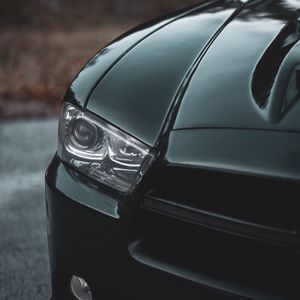 Превью обои dodge charger, автомобиль, черный, фара