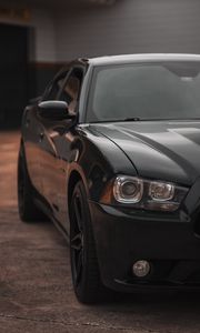 Превью обои dodge charger, автомобиль, вид спереди, черный, фара