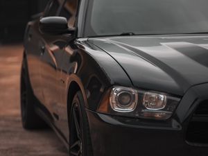 Превью обои dodge charger, автомобиль, вид спереди, черный, фара