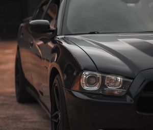 Превью обои dodge charger, автомобиль, вид спереди, черный, фара