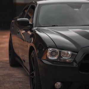 Превью обои dodge charger, автомобиль, вид спереди, черный, фара