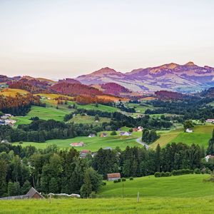 Превью обои долина, деревья, трава, дома, горы