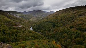 Превью обои долина, горы, деревья, лес, река