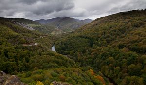 Превью обои долина, горы, деревья, лес, река