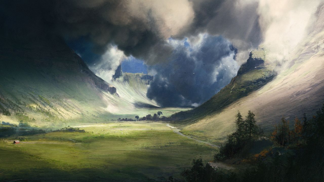 Обои долина, поле, облака, пейзаж, арт