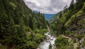 Превью обои долина, река, деревья, горы