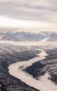 Превью обои долина, река, снег, горы, облака, зима