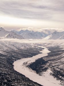 Превью обои долина, река, снег, горы, облака, зима