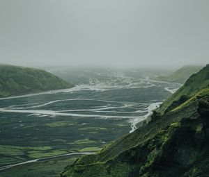 Превью обои долина, река, вид сверху, туман, природа