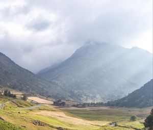 Превью обои долина, ручей, гора, облака, трава