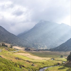 Превью обои долина, ручей, гора, облака, трава