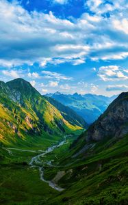 Превью обои долина, ручей, горы, трава, пейзаж