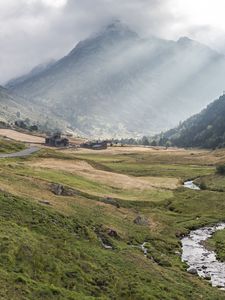 Превью обои долина, трава, гора, туман