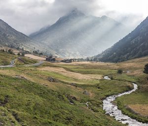 Превью обои долина, трава, гора, туман