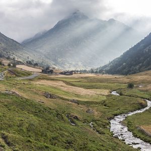 Превью обои долина, трава, гора, туман