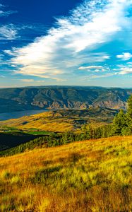 Превью обои долина, трава, река, рельеф, скалы