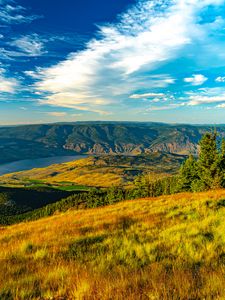 Превью обои долина, трава, река, рельеф, скалы