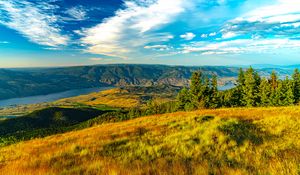 Превью обои долина, трава, река, рельеф, скалы