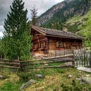 Превью обои дом, австрия, альпы, деревянный забор, пейзаж
