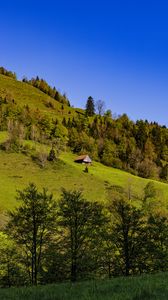 Превью обои дом, деревья, холм, горы, небо, природа