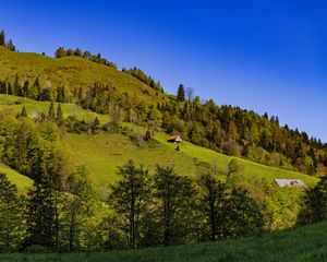 Превью обои дом, деревья, холм, горы, небо, природа