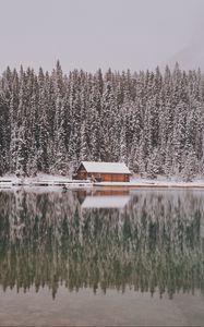 Превью обои дом, деревья, снег, отражение, озеро, пейзаж