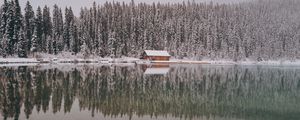 Превью обои дом, деревья, снег, отражение, озеро, пейзаж