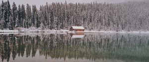 Превью обои дом, деревья, снег, отражение, озеро, пейзаж