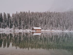 Превью обои дом, деревья, снег, отражение, озеро, пейзаж