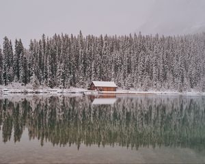 Превью обои дом, деревья, снег, отражение, озеро, пейзаж