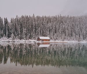 Превью обои дом, деревья, снег, отражение, озеро, пейзаж