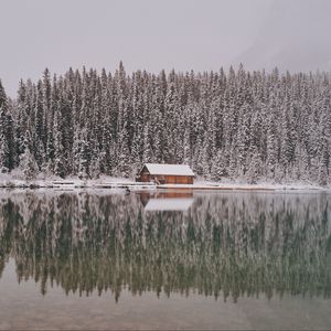 Превью обои дом, деревья, снег, отражение, озеро, пейзаж